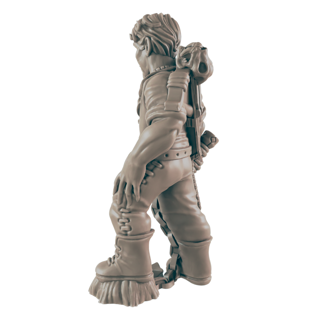 A miniature figurine of a stout, possibly dwarven, character stands, wearing bulky boots and a backpack, against a black background.