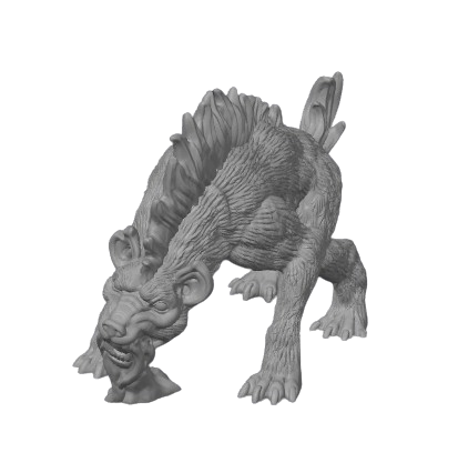 The gray creature is positioned in a black space, bending its head toward the ground as if sniffing or drinking. The quadruped features a bear-like body and snout with upright fins along its spine.