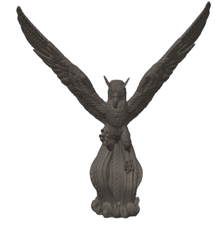 A griffin statue, wings outstretched, is posed in a flight-like stance. The base features stylized, flowing ornamentation.