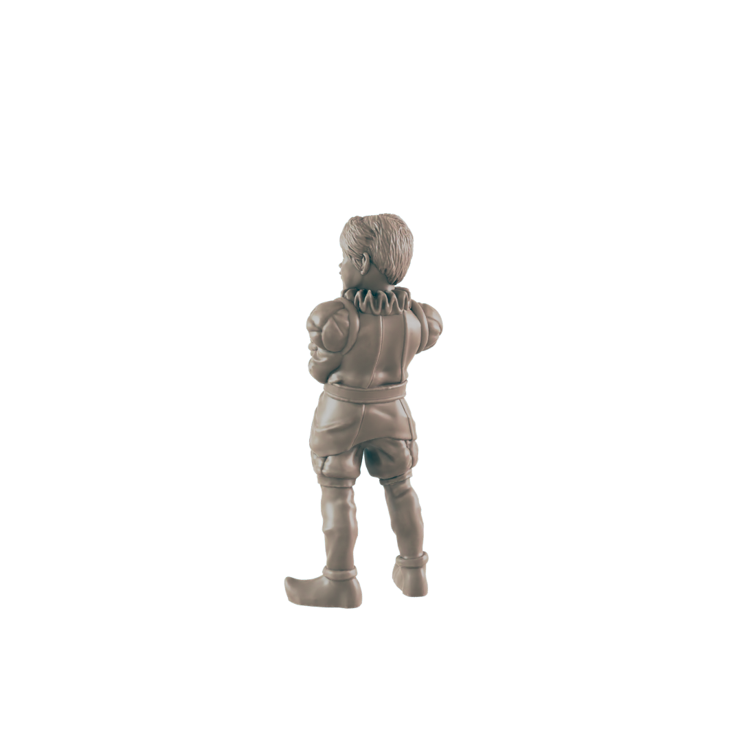 A miniature figurine stands, facing away, appearing to be a young person in medieval-style clothing. It's a light grayish-brown, possibly made of resin, against a black background.