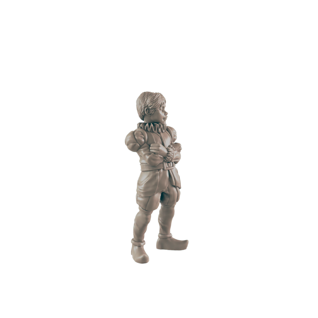 A miniature figurine of a boy, standing with arms crossed, is shown against a black background.