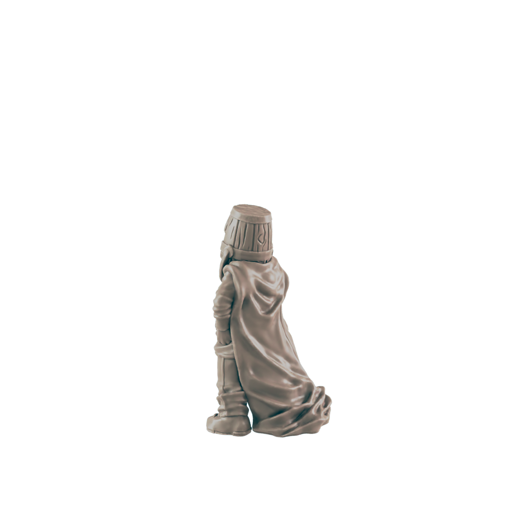 A small, light-grey figurine stands against a dark background. The figurine wears a cloak and has a barrel for a head.