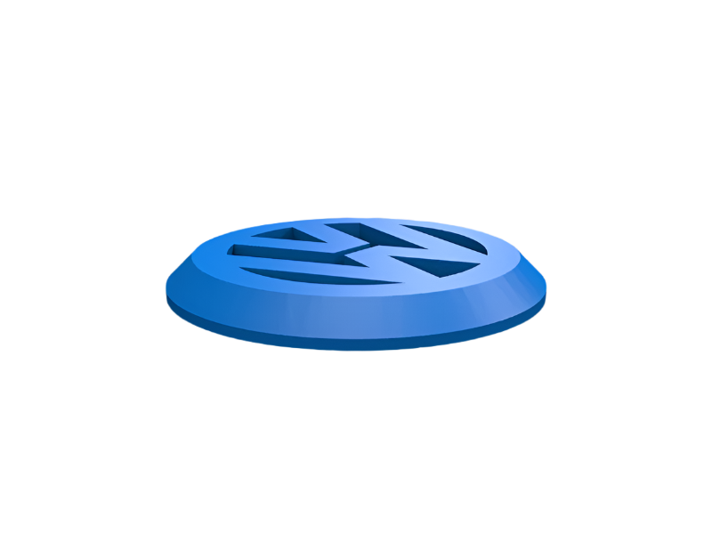 A blue disc sits on a black background; the Volkswagen logo is recessed into its surface.