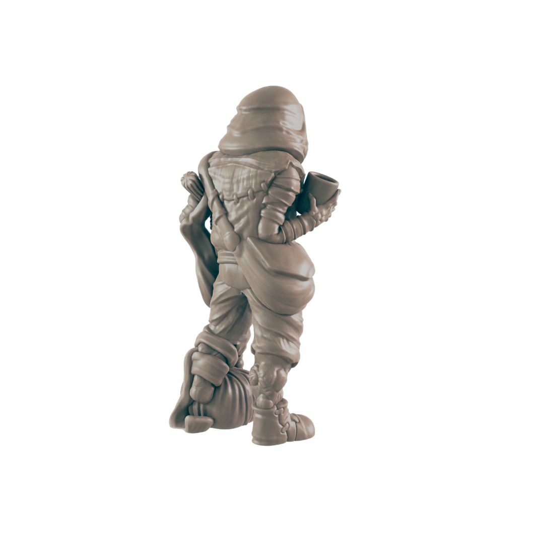 A sculpted figurine, appearing to stand, is presented against a black background.
