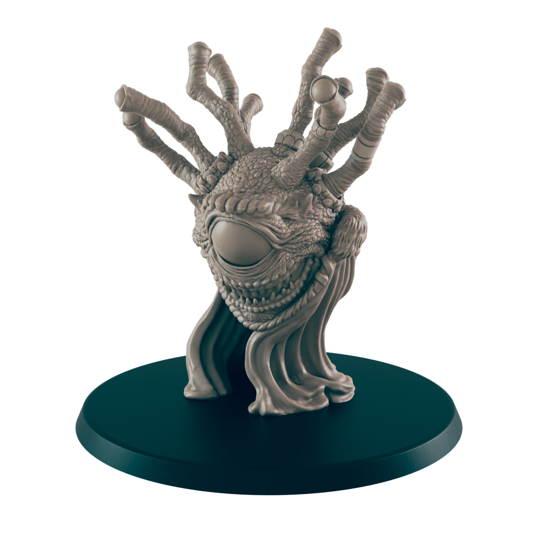 A monstrous beholder miniature sits atop a dark green base, its many eyestalks reaching upwards. The large central eye and rows of teeth are prominently displayed.