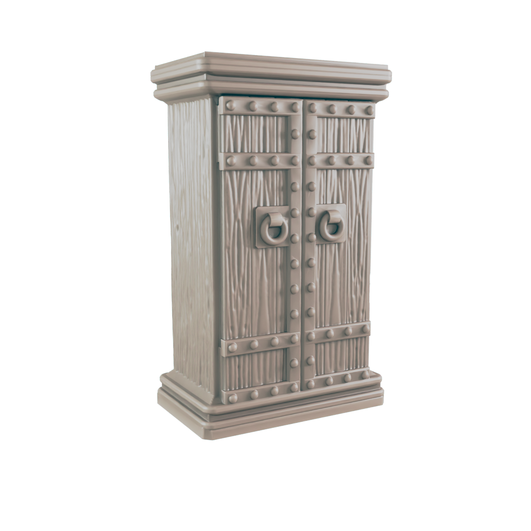 A wooden cabinet, standing upright, features a double-door design with metal accents and ring-shaped handles. It sits on a simple base against a black background.