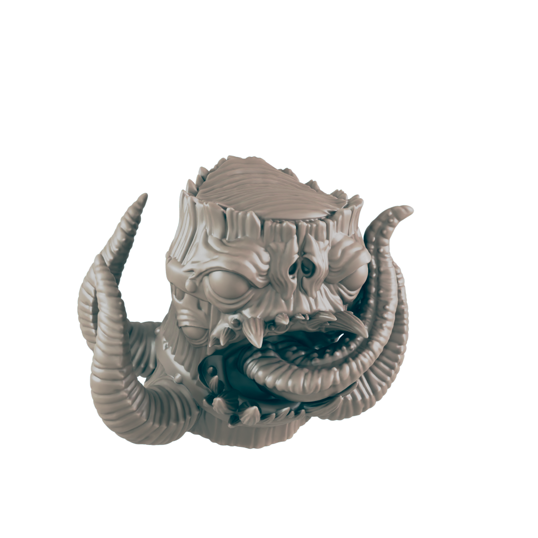 A grotesque, tree-trunk-like creature with horns and a long tongue protrudes from its mouth, sits against a dark background.