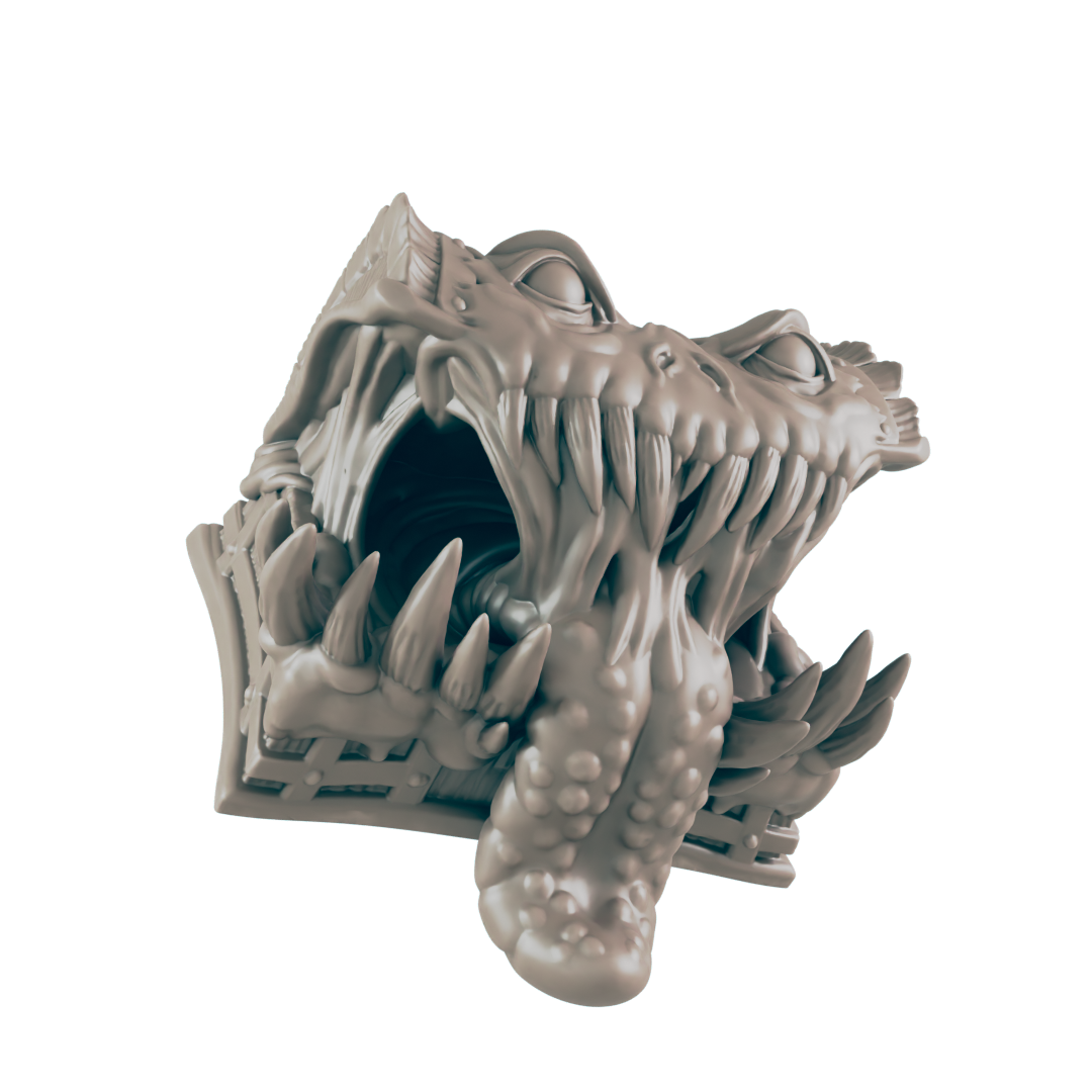 A monstrous creature's head, gaping open, reveals a textured interior. Its textured tongue hangs down. The head rests on a base, appearing as a 3D model.