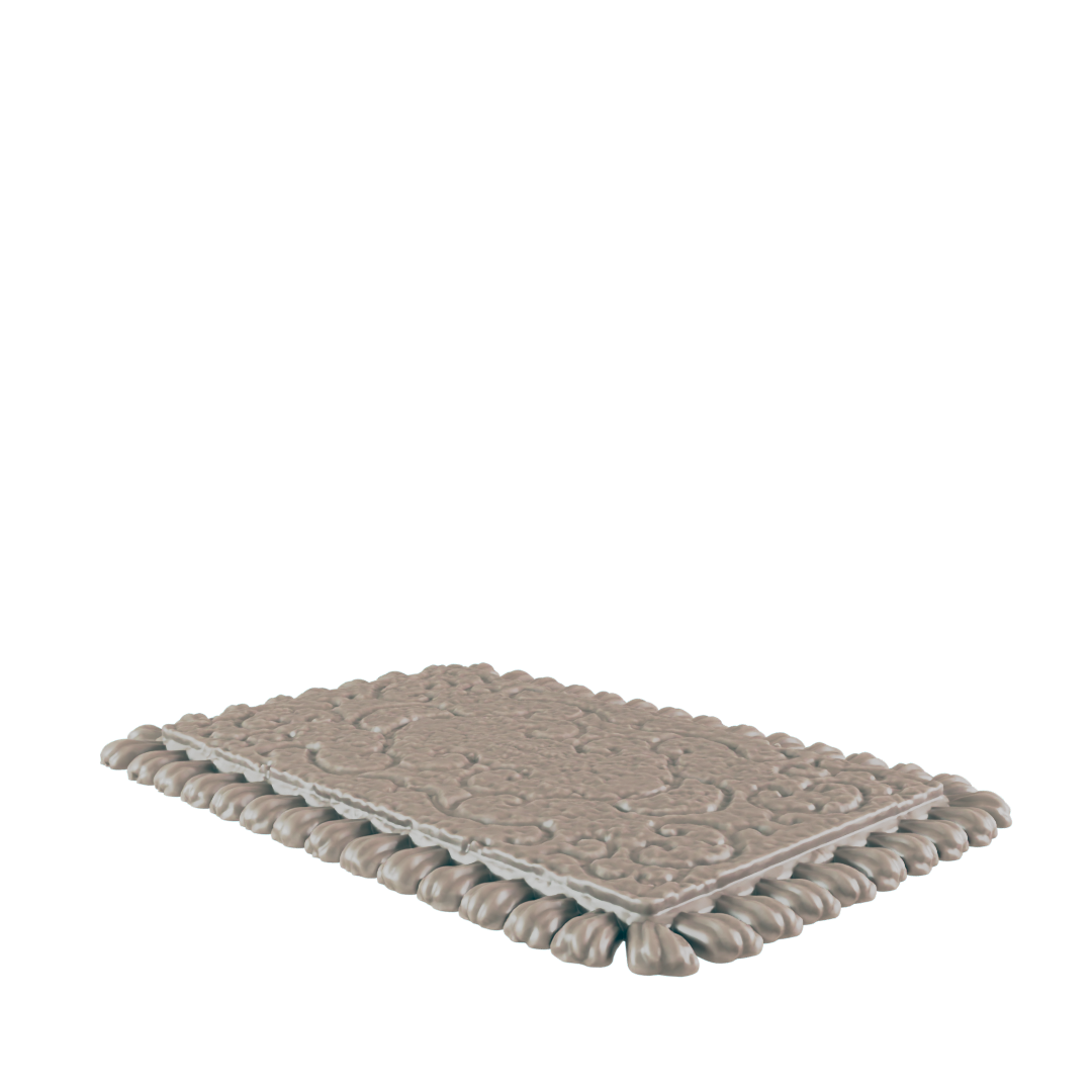 A taupe rug, ornamented with a detailed pattern, lies on a dark background.