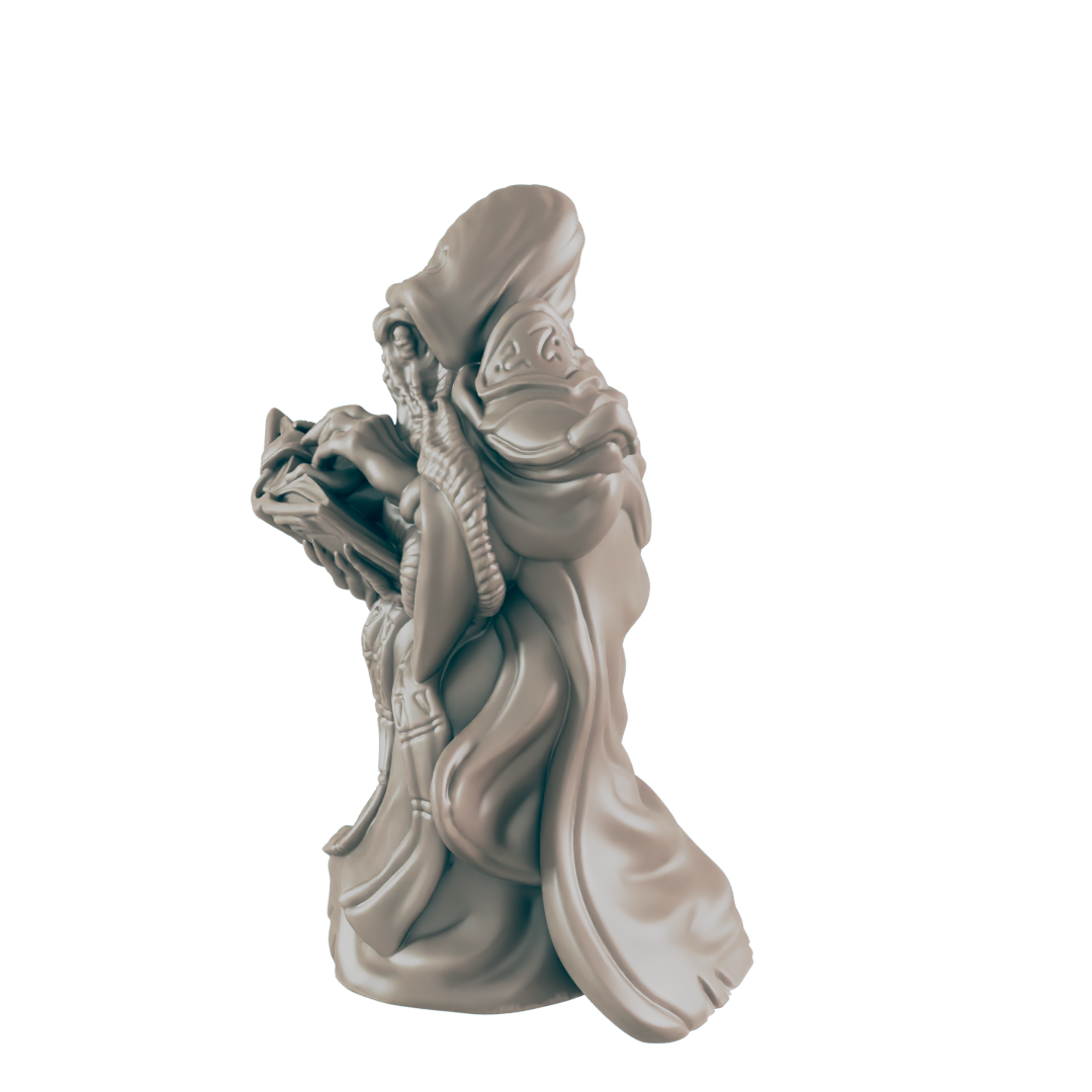 A sculpted figure of a robed wizard, reading a book, stands against a dark background.