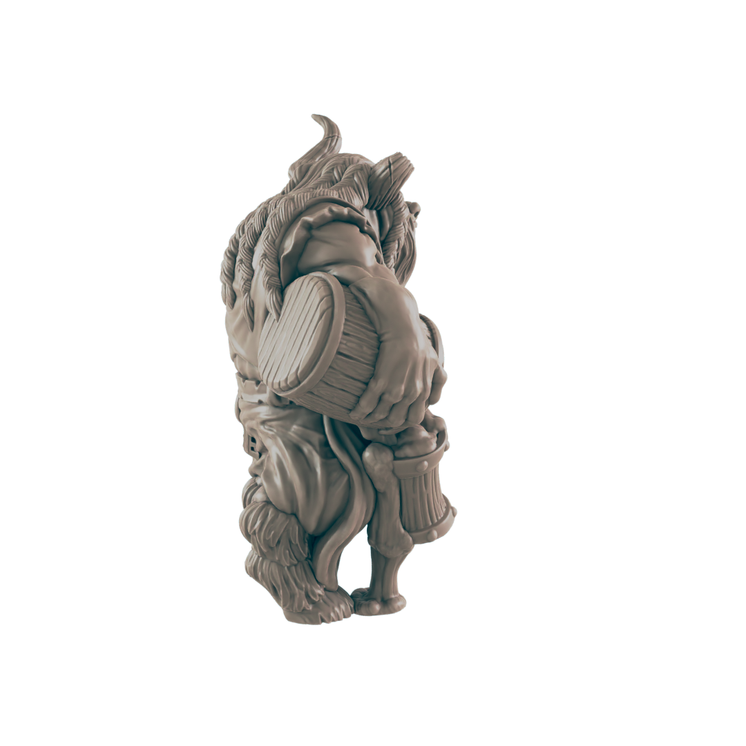 A miniature figurine of a stout, horned figure, possibly an orc or dwarf, carries a keg, viewed from behind against a dark background.