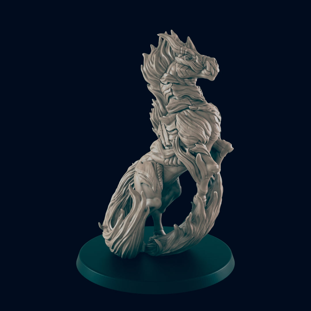 A stone horse figurine, rearing up on its hind legs, stands on a dark circular base. The horse's mane and tail are sculpted like flowing flames or water.