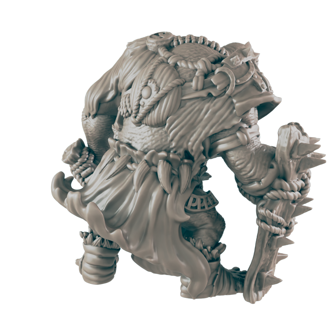 A sculpted ogre figurine wields a spiked club, draped in tattered clothing. The figurine is presented against a dark background.