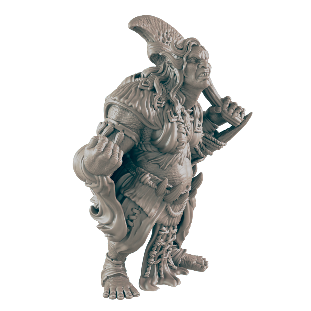 A sculpted ogre miniature, standing, holds a weapon; it’s detailed with ornate clothing and is presented against a black background.