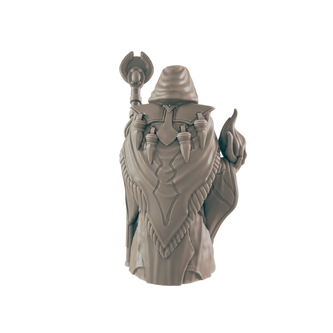 A miniature figure of a robed figure, holding a staff and gesturing, is presented against a dark background.