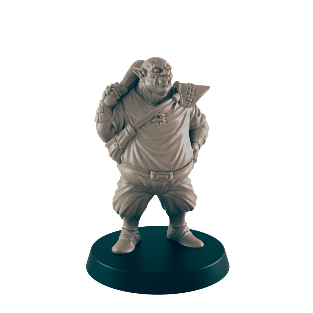 A tan, stout ogre miniature stands on a dark circular base. It carries a club over its shoulder. The figure is sculpted in a neutral, possibly fantasy, context.