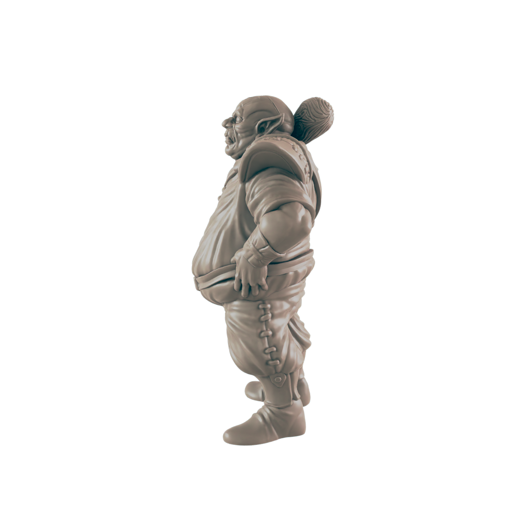 A sculpted orc stands in profile, hands on hips, against a black background.