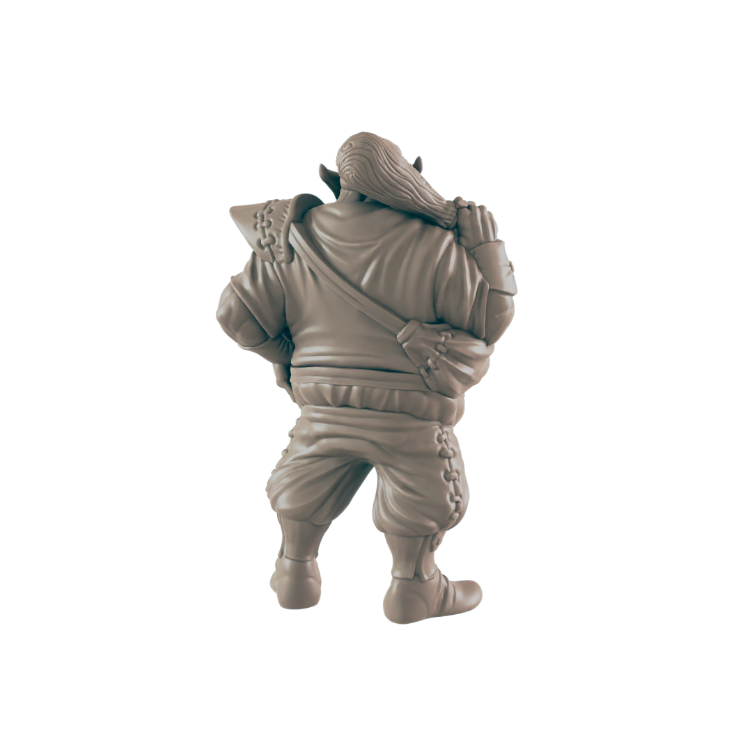 A miniature figurine of a stout, long-haired figure stands against a dark background. The figure wears a tunic and pants, carrying a satchel.