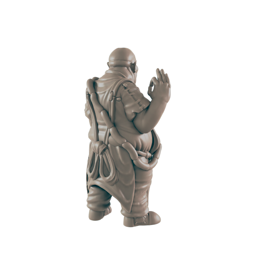 A stout, sculpted figure stands, appearing to gesture, against a black background.
