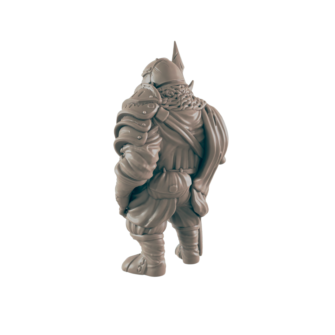 A miniature figurine of a heavily armored dwarf stands facing away from the viewer, on a plain background.