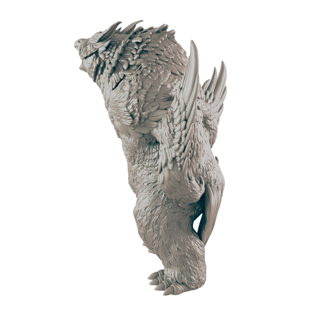 A grey, furry creature with wings stands, possibly a miniature model. Its posture suggests it may be preparing to take flight or land. The background is black.