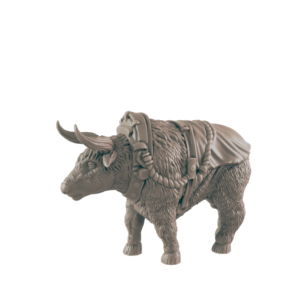 A yak figurine stands, wearing a harness; it is a miniature model against a black background.