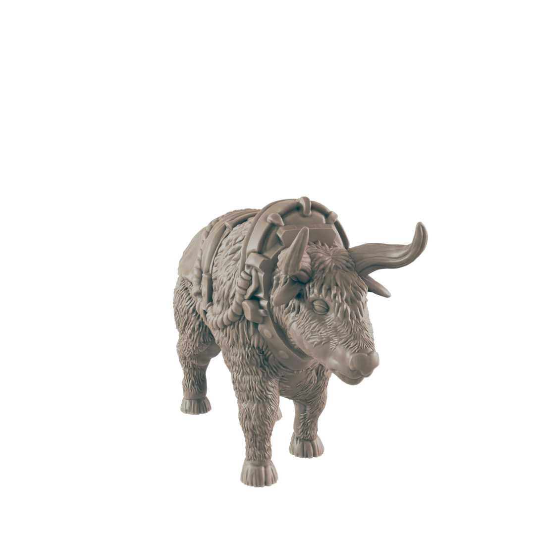 A yak stands, wearing a segmented harness, against a black background.