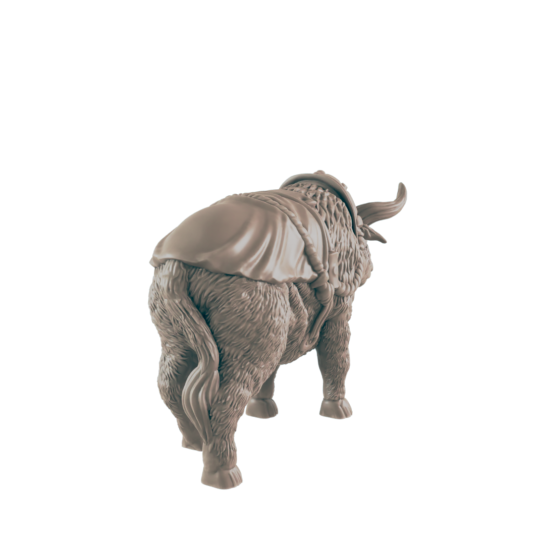 A yak figurine stands against a dark background. It is facing away from the viewer, showing its furry rear and a draped saddle-like covering.