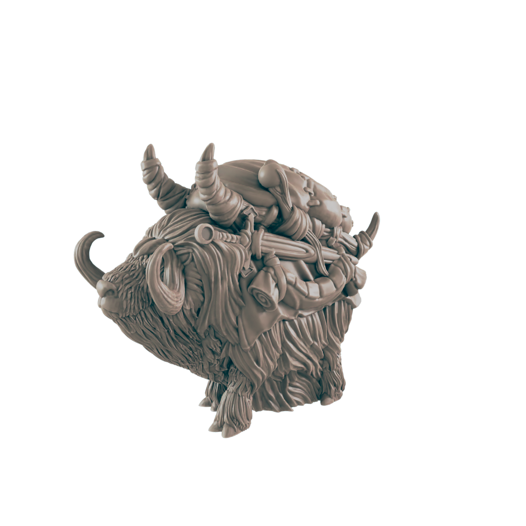A yak miniature carries a detailed load, appearing to be a three-dimensional model, possibly for a game or collectible.