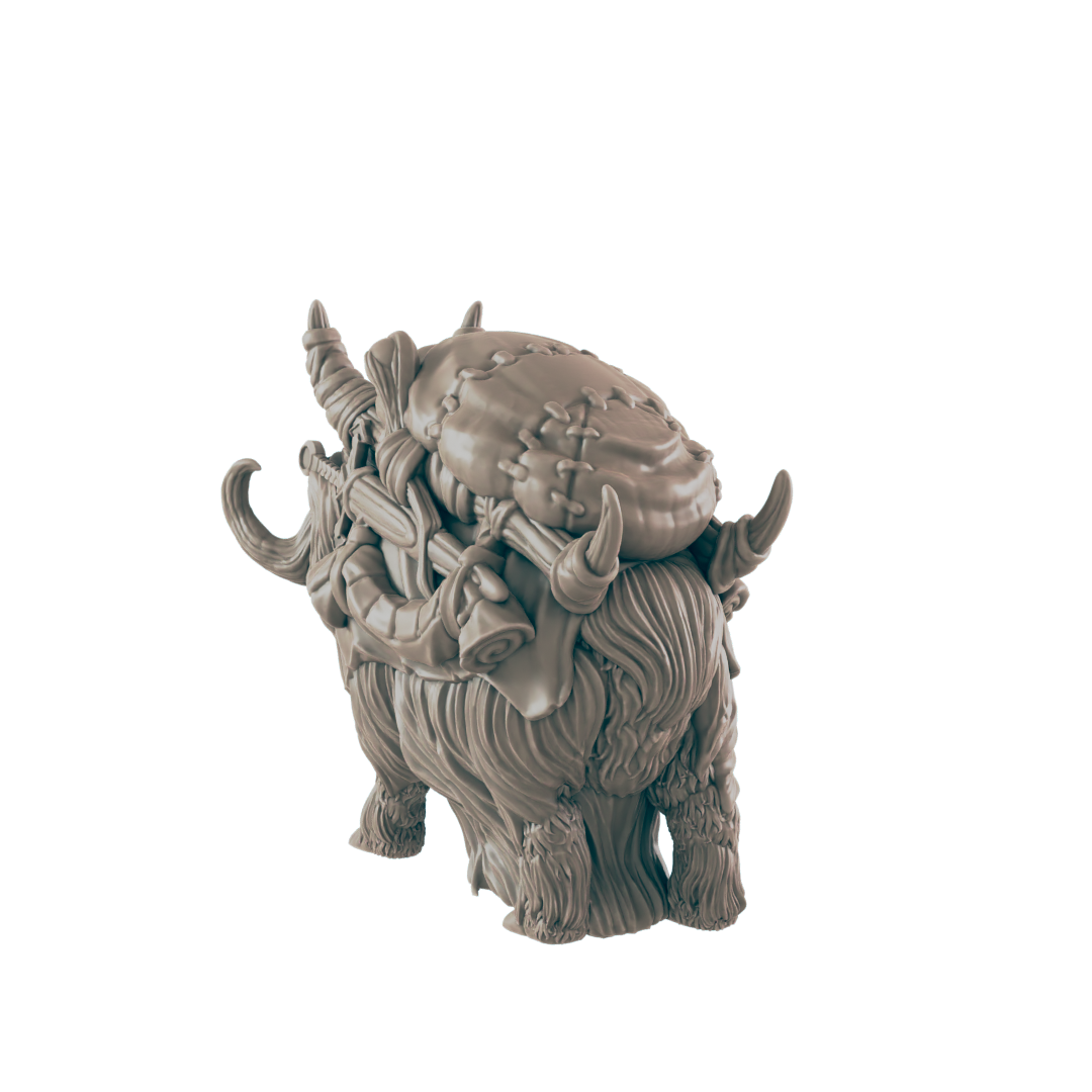 A yak miniature carries a pack and weapons on its back against a dark background.