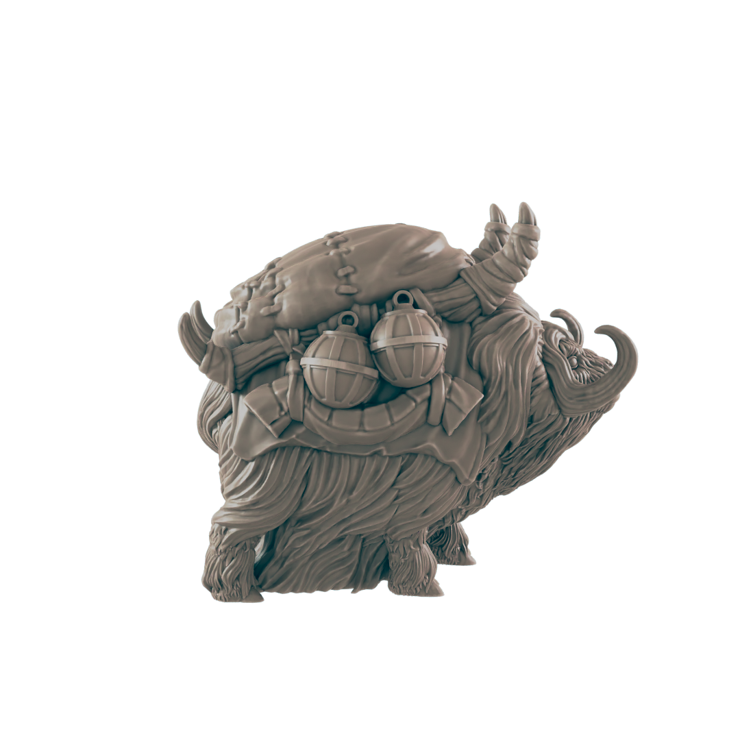 A hairy beast carries a pack and two bells. It stands against a plain background.