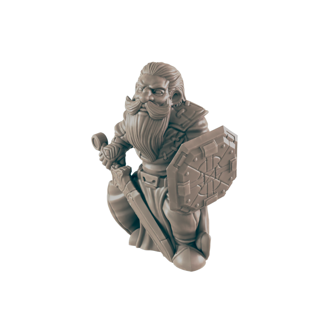 A miniature dwarf kneels, holding a sword and shield, with a long beard, and wearing armor. The background is black.