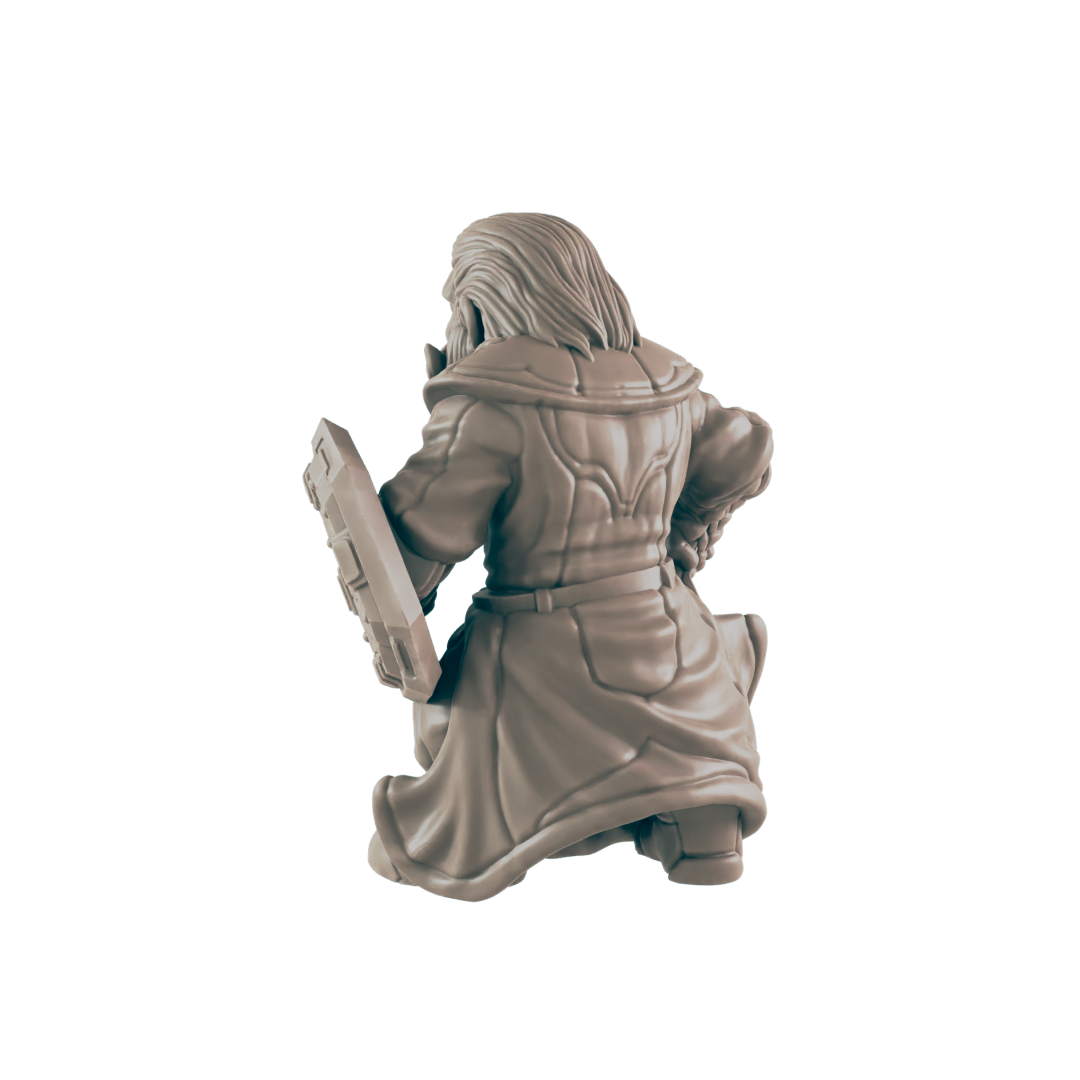 A stone figure kneels, holding a shield in the dark. The figure has long hair and wears an ornate robe.