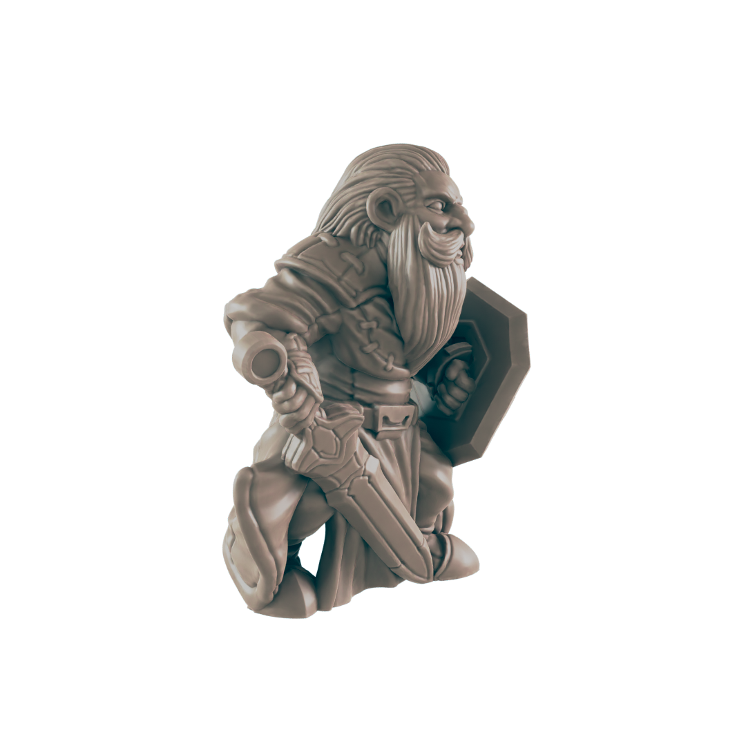 A dwarf miniature figurine stands, wielding a sword and shield, against a dark background.