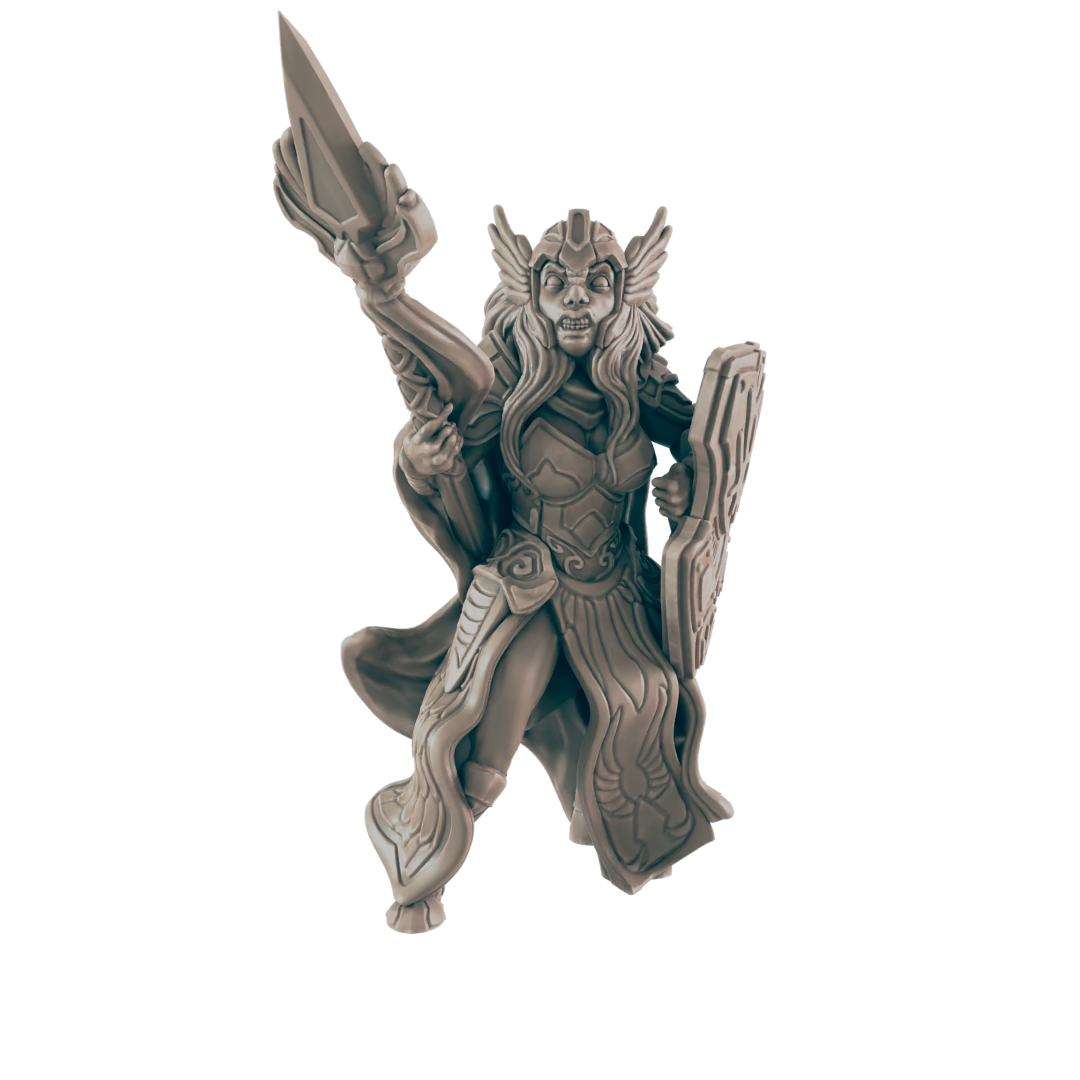 A gray warrior figure holds a spear aloft in one hand and a shield in the other; she wears armor and a winged helmet against a black background.