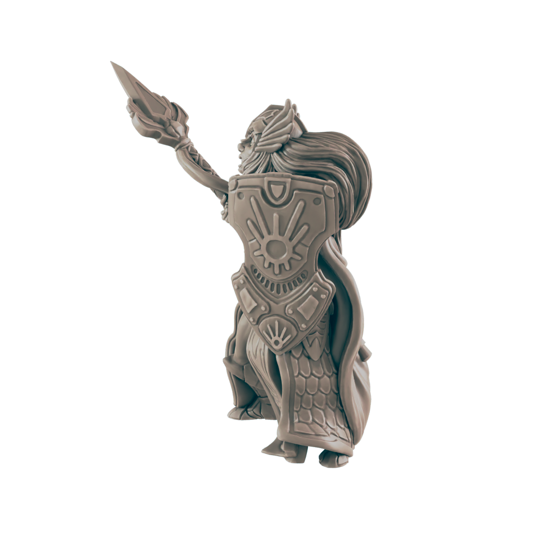 A monochrome, clay-colored miniature figure stands in place; armored, with a shield, it holds a decorative spear aloft into the empty space.