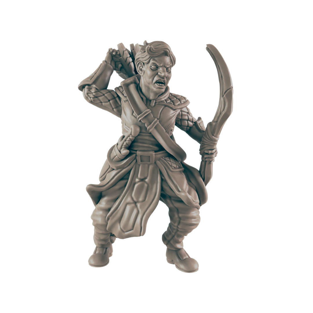 A monochrome miniature archer, poised to fire an arrow, stands holding a bow in a nocked position while reaching for another arrow with a grimacing expression.