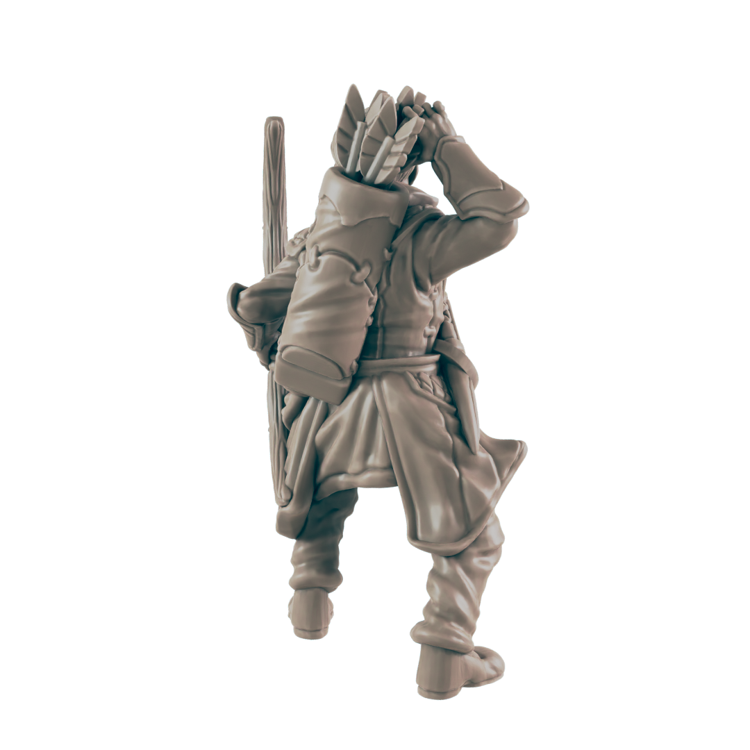 Archer miniature, seen from the back, shields eyes with hand while looking into the distance, quiver full of arrows and bow strapped to back, neutral backdrop.