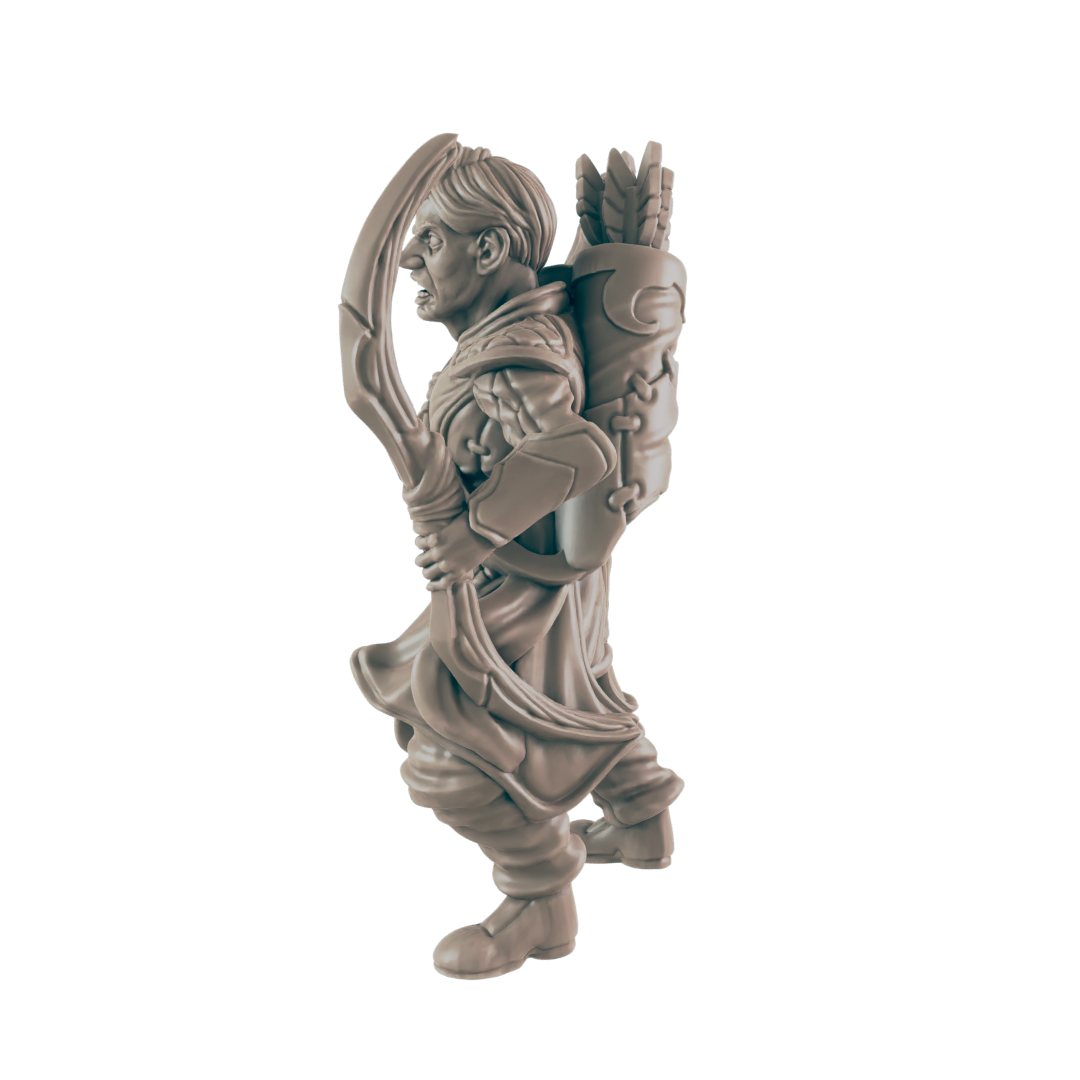 A miniature figurine of a male archer stands, holding a bow, with a quiver on his back, against a dark background.