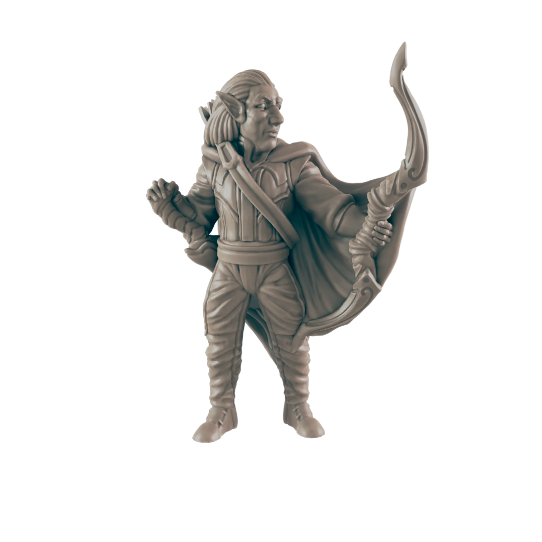 A clay elf miniature stands prepared to shoot an arrow from their bow, ready for battle.