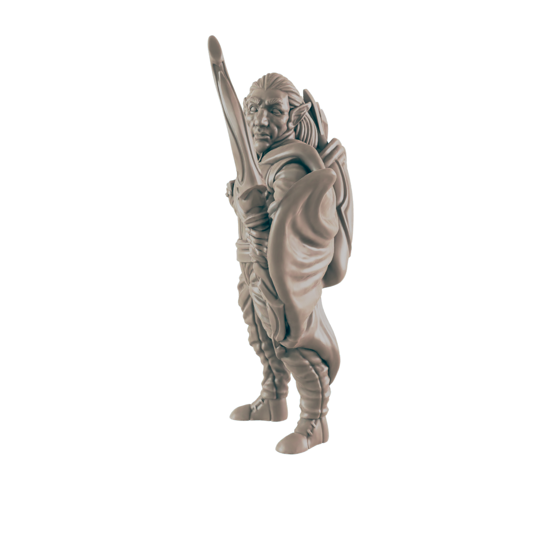 An elf-like statue stands on a black background, holding a large sword over his left shoulder and wearing tunic, leggings and boots.