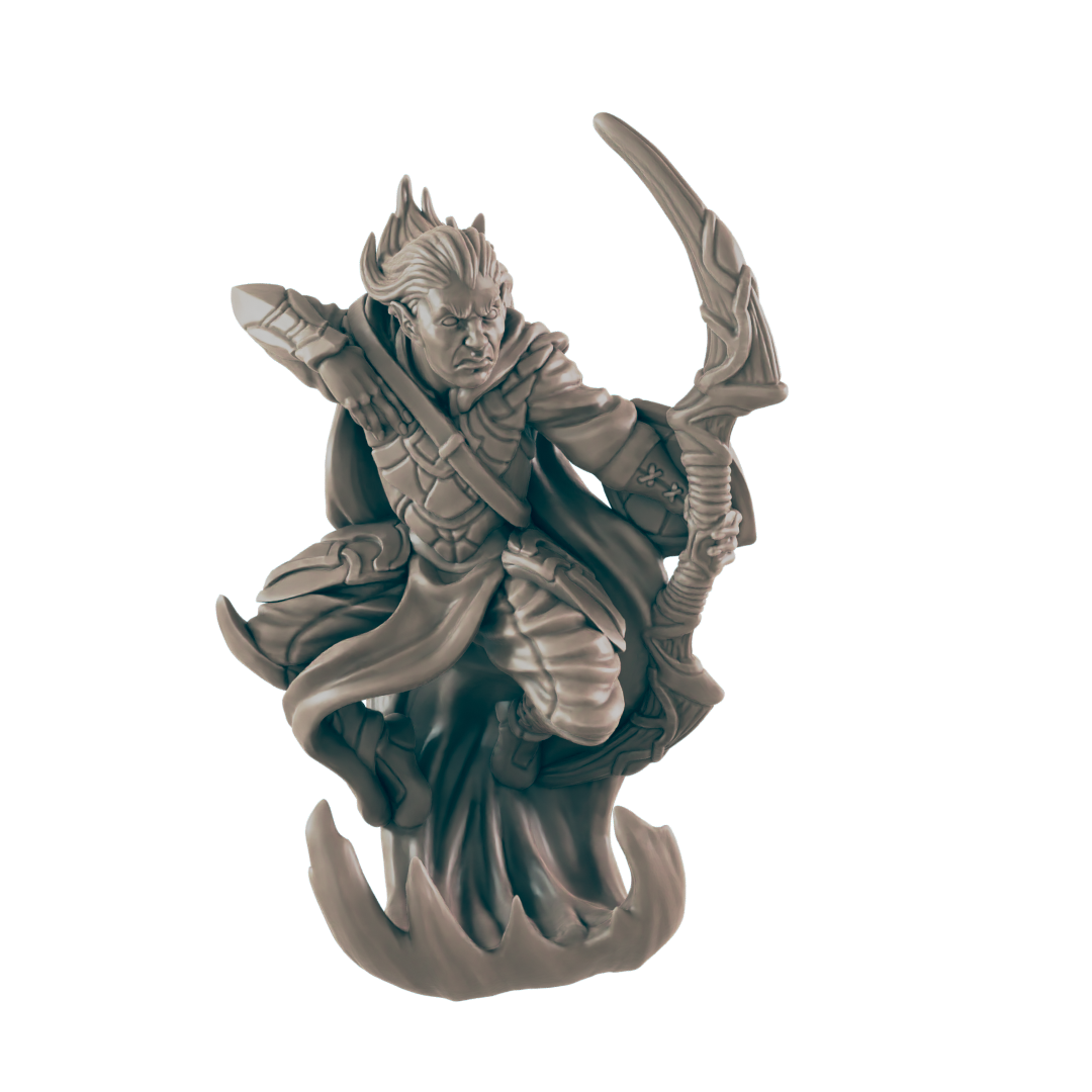 A sculpted elf miniature, wielding a curved bow, floats on a sculpted base against a dark background.
