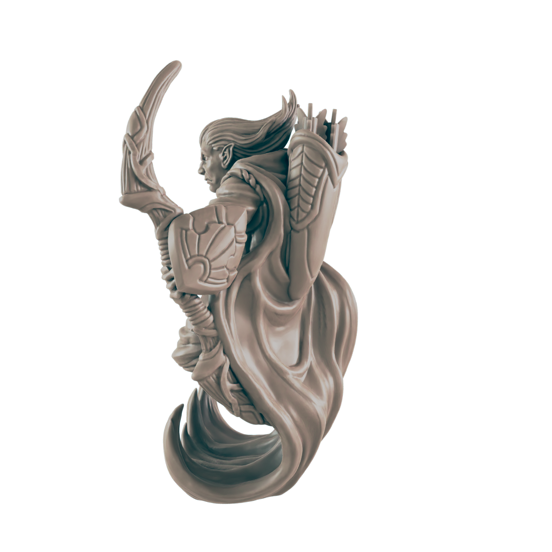 A sculpted elf, wielding a curved blade and bow, stands in a flowing cloak.