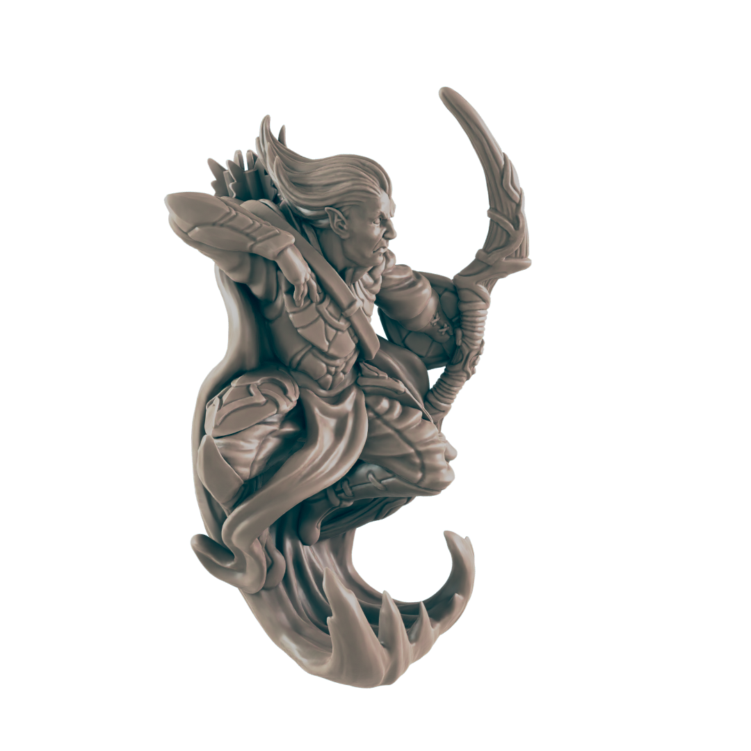 An elven archer miniature is dynamically poised mid-leap, aiming his bow and arrow, atop a sculpted, flowing base.