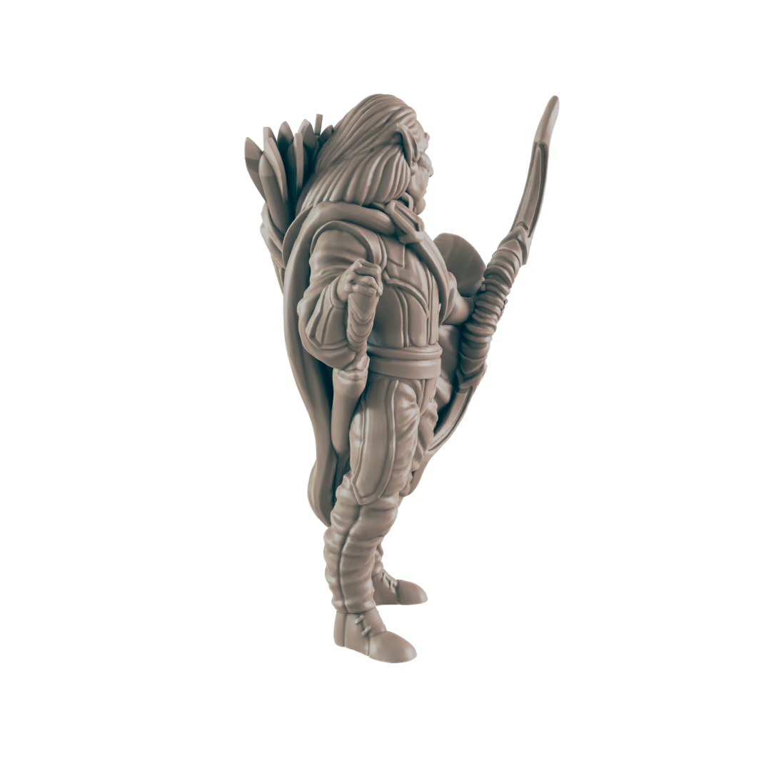 A miniature figurine of a warrior stands, holding a bow and quiver, against a black background.