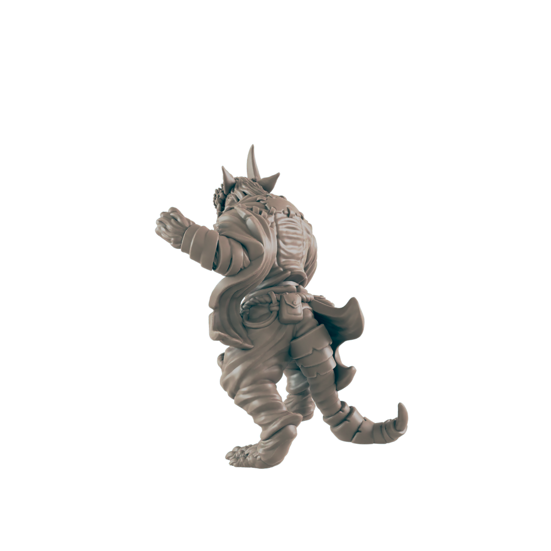 A miniature lizard-person figurine, appearing to be mid-stride, is set against a black background.