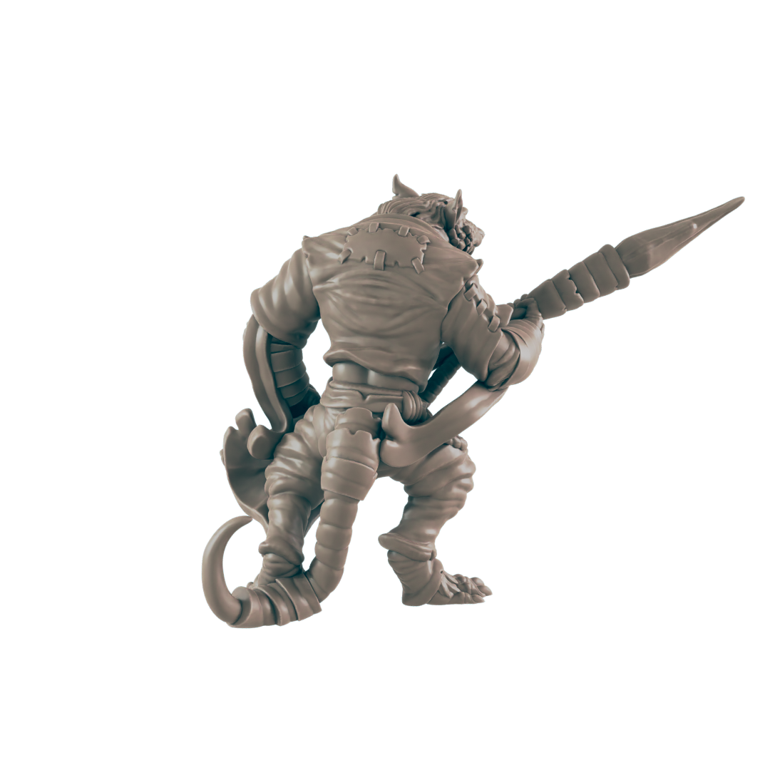 A tan, humanoid creature with a reptilian tail plays a long, slender instrument. The creature is positioned facing away from the viewer, against a dark background.