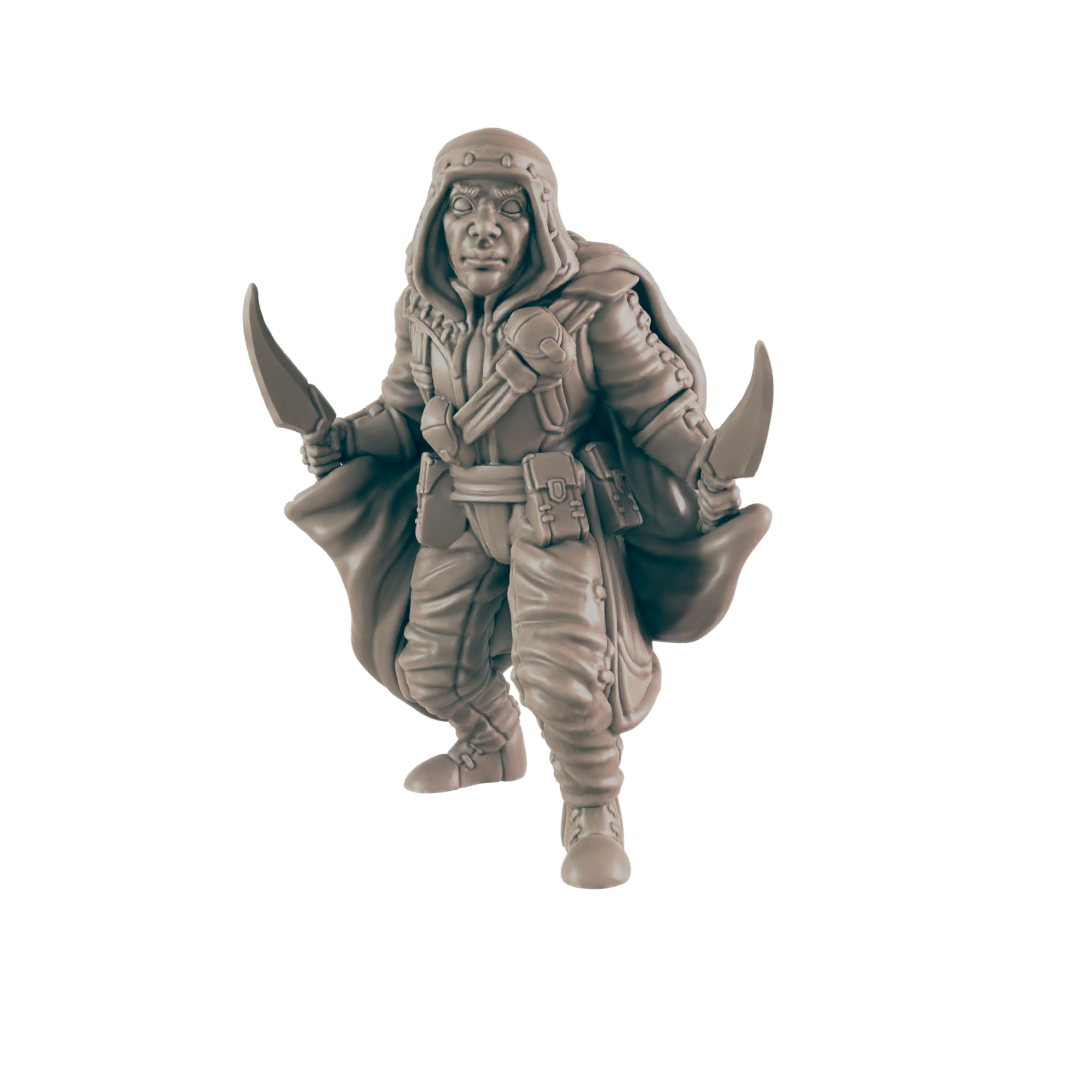 A rogue miniature stands, wielding two curved daggers. He wears a hooded cloak and utility belt against a solid black background.
