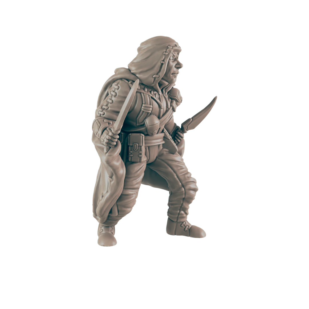 A hooded miniature figure stands holding two curved daggers, one in each hand, against a dark background.