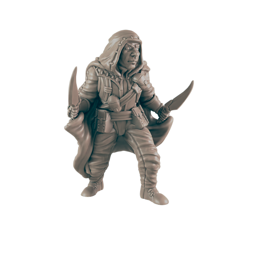 A miniature figure of a hooded man holds two blades, prepared to strike. He wears practical clothing with pouches and straps, standing on a dark, solid color surface.